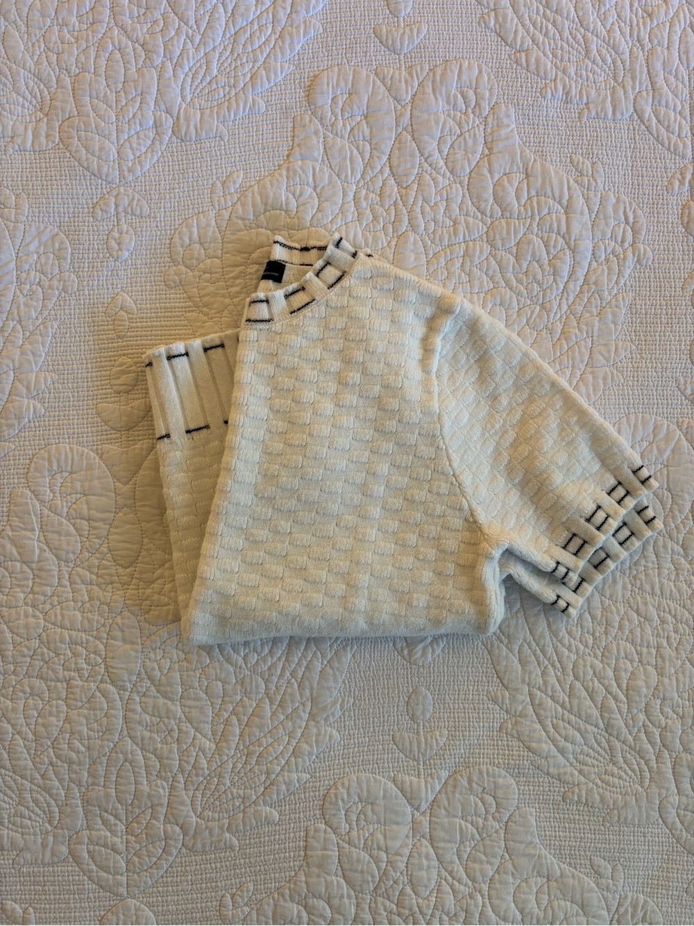 Cream Short-Sleeve Textured Sweater with Contrast Trim